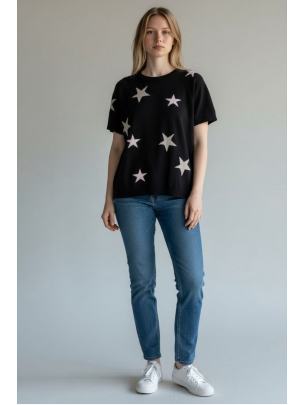 PLY CASHMERE Black Star Print Short‎ Sleeve 100% Cashmere Crewneck Sweater L